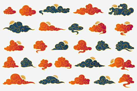 Hand drawn linear oriental clouds. Chinese cloud element collection. Elegant clouds and waves in Japanese style. Asian traditional ornaments.