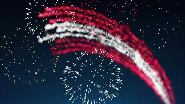 Austria holiday banner template. Fireworks austrian flag on dark sky background. Austrian national holiday. Austria flag fireworks. Template, place for text, copy space. Animated greeting card