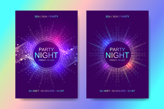 Music Poster For Electronic Festival With Fractal Dotted Lines And Waves. Party Flyer Cover Design Concept Of Electro Music Fest. Vector Illustration.