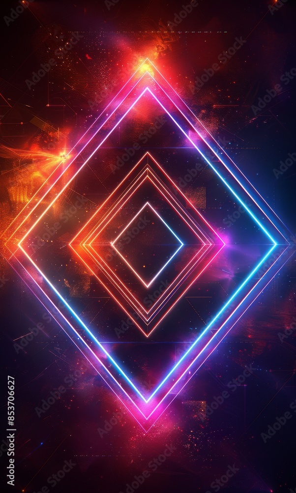 Poster symmetrical neon light pattern with vibrant colors in a diamond shape
