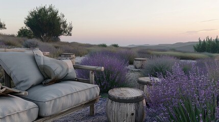 Garden seating area with wooden furniture and lavender plants, sunset light, beige sofa, wooden pallets, potted plants, wooden garden bed, garden sofa set.