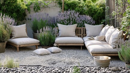 Garden seating area with wooden furniture and lavender plants, sunset light, beige sofa, wooden pallets, potted plants, wooden garden bed, garden sofa set.