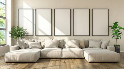 Realistic mockup of four empty black picture frames on the wall in an elegant modern living room with beige walls and natural light and shadows creating a warm and cozy atmosphere.