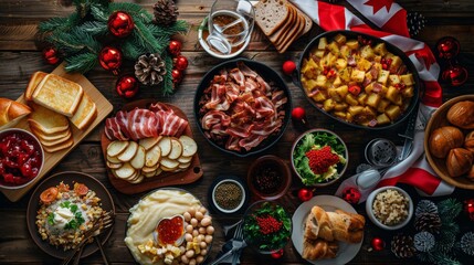 Christmas table with traditional Canadian dishes such as pudding, bacon, poutine, flags. Top view