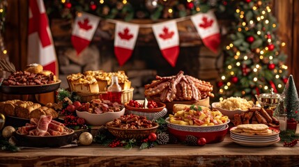 Christmas table with a variety of traditional Canadian dishes such as pudding, bacon, poutine, flags