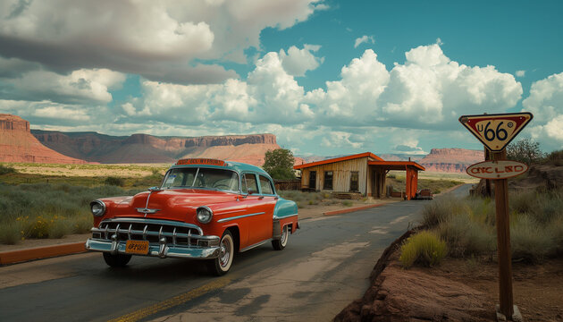A vintage car on route 66.