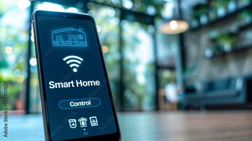 Poster smartphone displaying smart home control with a wifi symbol, representing modern home automation tec
