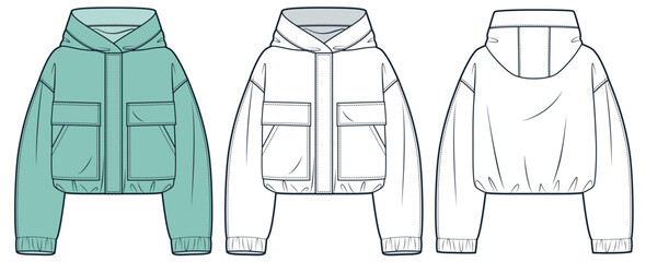 Hooded Jacket technical fashion Illustration. Unisex Nylon Jacket fashion flat technical drawing template, pocket, hood, oversize, front and back view, white, green, women, men, unisex CAD mockup set. © Liubov Hladka