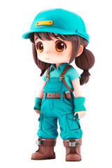3D cartoon of a girl dressed with a mechanic uniform isolated on a cut out PNG transparent background