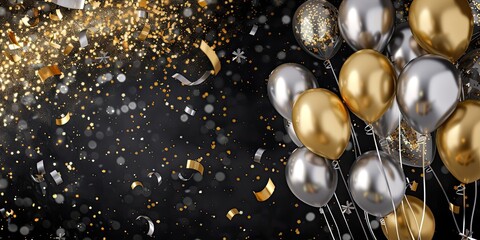 Elegant Gold and Silver Banner with Black Background Featuring Gold and Silver Balloons