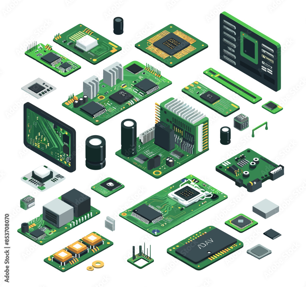 Poster microchips isometric vector set. microcircuits semiconductors capacitors processors motherboard comp