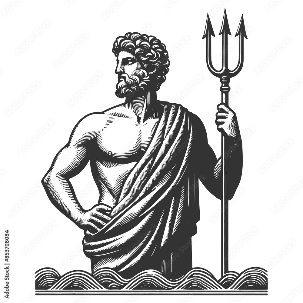 Poster poseidon holding a trident, standing in the ocean with a powerful stance sketch engraving generative