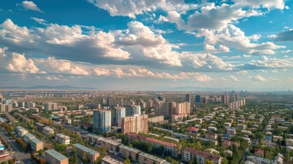 Obraz premium Wide shot of a cityscape with residential buildings, clear blue sky with clouds and mountains in the background with natural lighting.