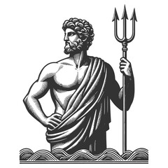 Obraz premium Poseidon holding a trident, standing in the ocean with a powerful stance sketch engraving generative ai fictional character raster illustration. Scratch board imitation. Black and white image.