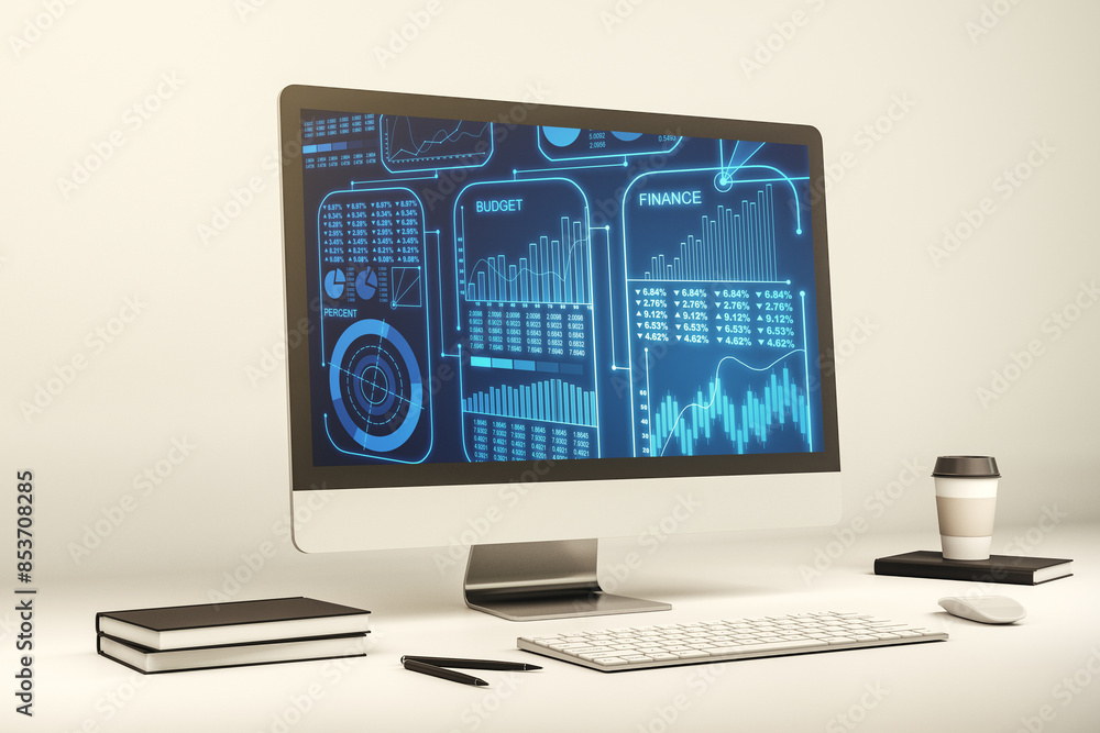 Aufkleber modern computer monitor with abstract statistics data hologram interface, computing and analytics co