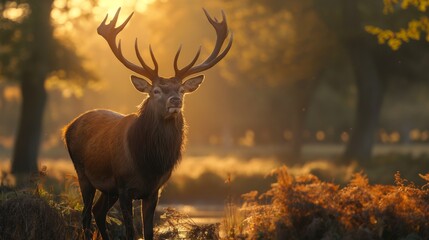 In the golden hour light, a majestic stag stands alert in a tranquil forest, a moment captured in perfect stillness.