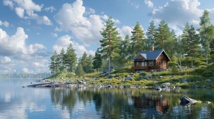 Obraz premium A log house stands at one end, close to the water level. The forest is lush and green, surrounded by pine trees. Ahead is a calm lake, reflecting the sky and rocks.