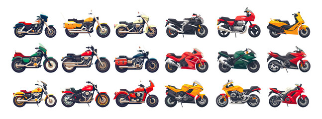 Motorcycles cartoon vector set. Sports choppers highway road two wheeled fast motor vehicle, illustration isolated on white background