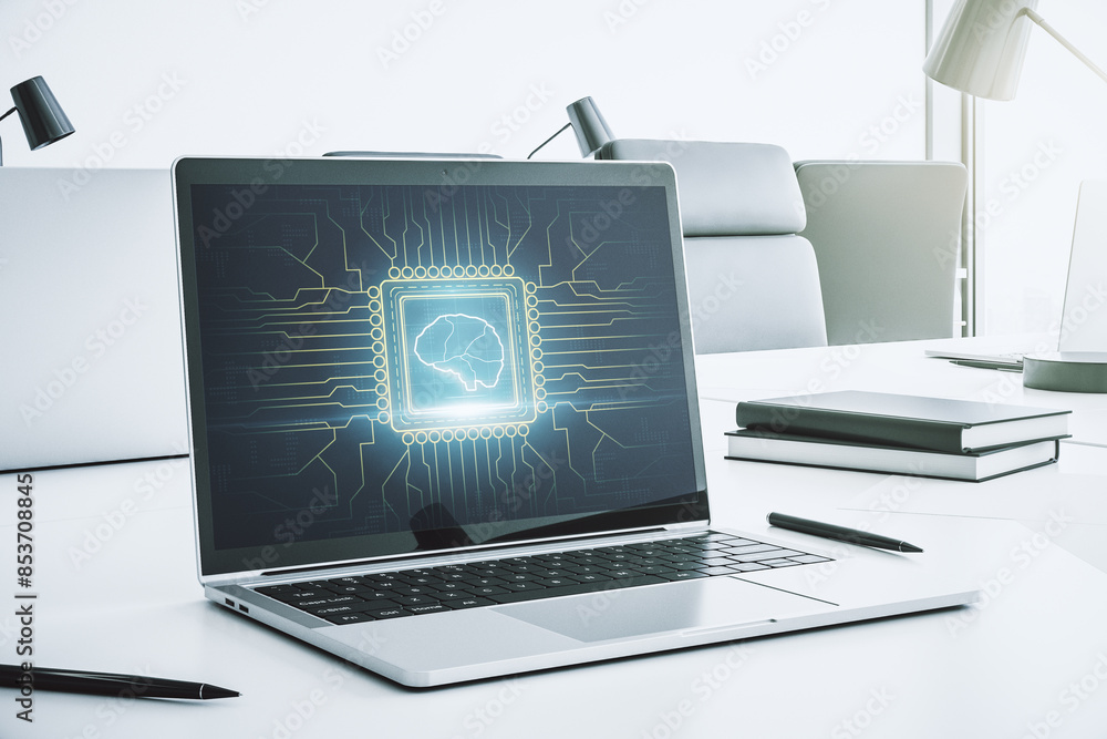 Poster Creative artificial Intelligence concept with human brain sketch on modern laptop monitor. 3D Rendering