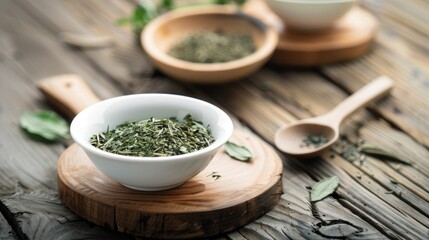 White bowls with dried herbs on a wooden table, with a wooden spoon and a rustic kitchen background. In the foreground, a bowl is filled with dried green tea leaves.