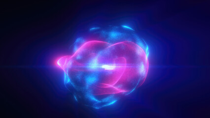 Blue purple energy magic sphere round high-tech digital ball core of light rays waves lines and energy particles. Abstract background
