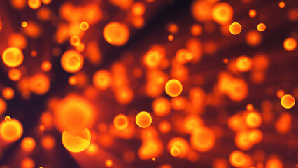 Abstract yellow orange glowing background with flying balls circles atoms molecules particles energy bubbles