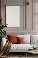 mockup of a framed poster in a stylish, modern living room setting