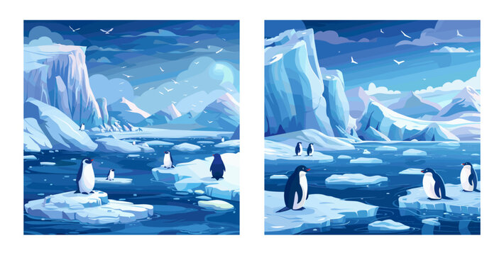 Penguins ice floe cartoon vector scene. Seabirds north pole glacier snow cold ocean together group animals color illustrations