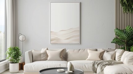 mockup of a framed poster in a stylish, modern living room setting