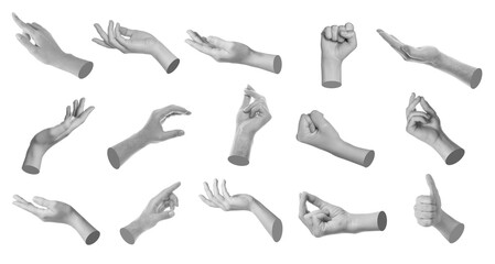Set of different hand gestures isolated on white. Black and white effect