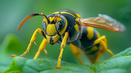 Positioned amidst lush greenery, the wasp's yellow and black patterns stand out, ready to explore.