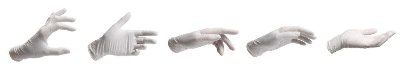 Medical gloves on white background, collage of photos