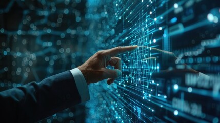 Fototapeta premium A close-up of businessman in a suit interacting with a digital hologram of a geometric structure, symbolizing innovation, technology, and futuristic business solutions, set against a blue background. 