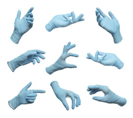 Blue medical gloves on white background, collage of photos