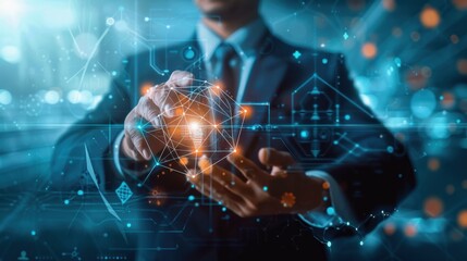 Obraz premium A visionary businessman in a sharp suit engages with a digital hologram of geometric brilliance, embodying cutting-edge innovation and future-forward solutions against a serene blue backdrop. 