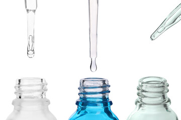 Pipettes with different cosmetic products over bottles isolated on white, collection
