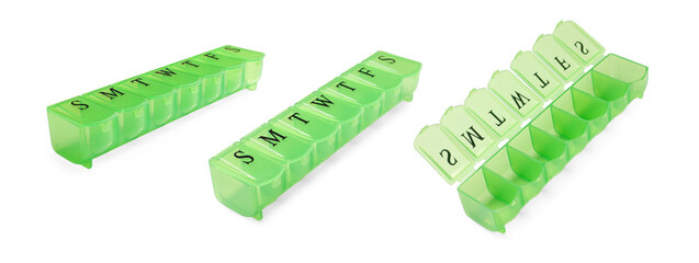 Green pill organizer isolated on white, views from different angles