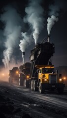 Fototapeta premium An image of a coal mine with miners working and columns of smoke above the horizon