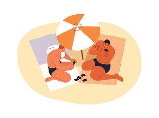 Friends playing card game on sand beach, relaxing under umbrella. Summer vacation, happy men resting, sunbathing at sea resort. Holiday leisure. Flat vector illustration isolated on white background
