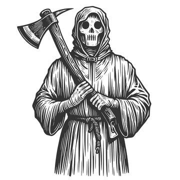 recommend clip art:  Grim Reaper executioner with Axe sketch engraving generative ai fictional character raster illustration. Scratch board imitation. Black and white image.