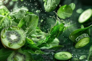 Flying ingredients for a green smoothie with a splash, spinach leaves, kiwi slices and cucumber A healthy green vegan drink. 