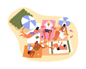 Beach summer relax. Friends group gathered for sunbathing, resting together on vacation. Holiday leisure time, relaxation at sea resort, top view. Flat vector illustration isolated on white background
