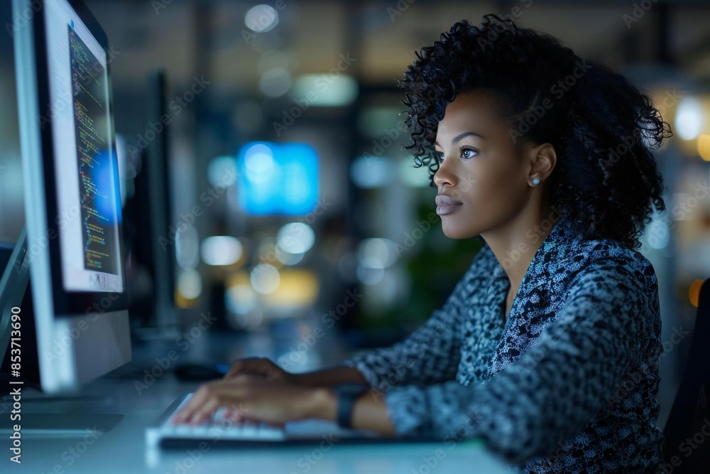 Poster african american female coder in modern office: promoting diversity and women in tech programming.