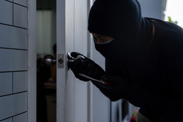The thief is trying to break into the house
