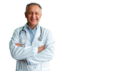 Fototapeta premium Middle-aged male doctor in white coat with stethoscope, isolated on white background, smiling, arms crossed. Premium PNG format, transparent background. Ideal for healthcare, medical ads, education