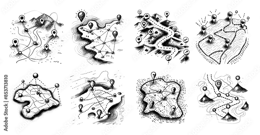 Poster tactical plan pencil sketch vector set. lines dots pinbars markers landscape map strategy sequence d