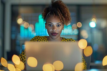 A modern office setting with a businesswoman analyzing Key Performance Indicator data on her laptop