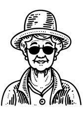 Vector Illustration of a a portrait of a grandmother with lines drawing for logo,icon, black and white	