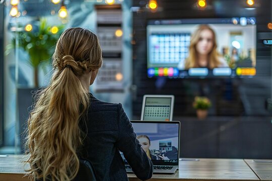 Professional woman attending virtual video conference meeting in office setting