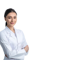 Young female doctor in white coat, isolated on white background, smiling, arms crossed. Premium PNG format, transparent background. Ideal for healthcare, medical ads, and educational materials.